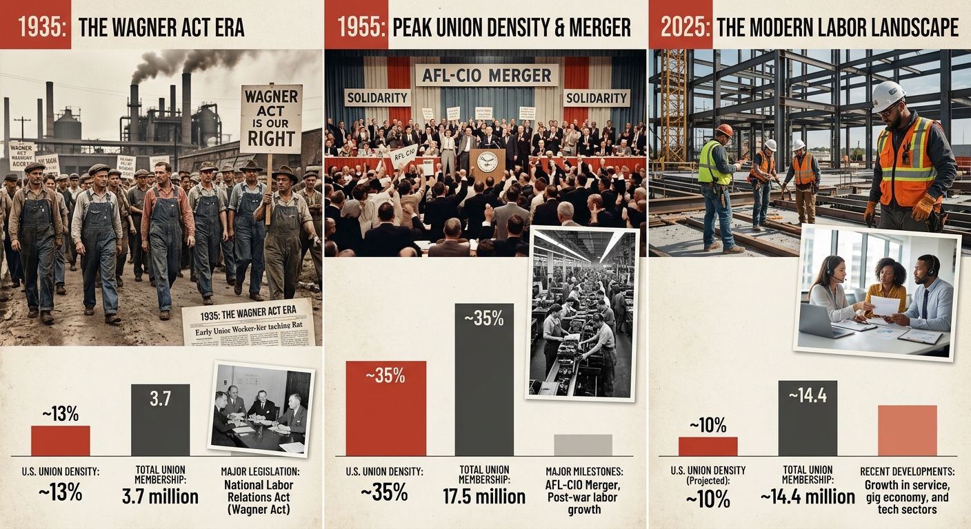 An infographic comparing key labor statistics across three eras: 1935 (Wagner Act passage, initial NLRB creation), 1955 (AFL-CIO merger, 35% union density), and 2025 (modern union density around 10%),