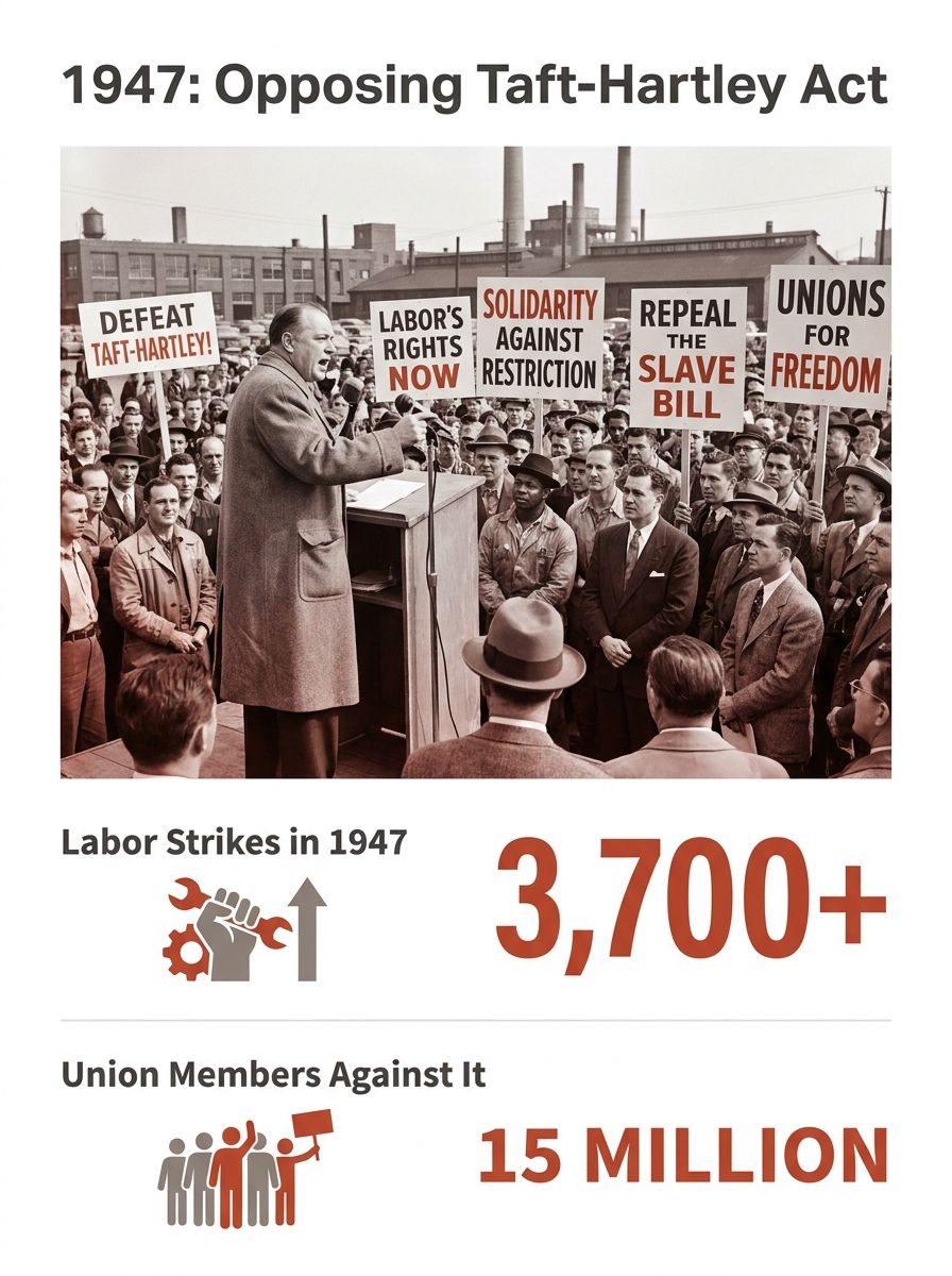 Black and white photograph of union leader speaking at podium with crowd holding protest signs opposing Taft-Hartley Act in 1947
