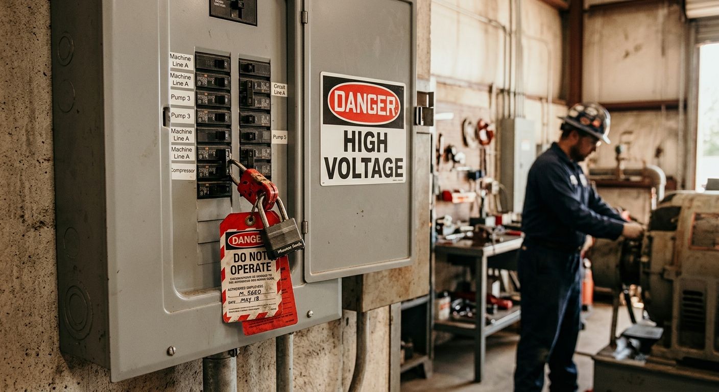 A workplace electrical panel with clear danger signage, proper labeling of circuits, and a lockout/tagout lock visibly attached, illustrating compliant electrical safety practices