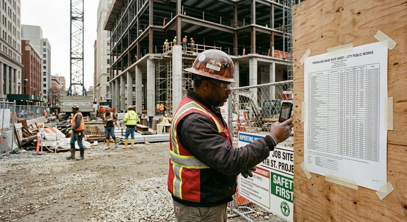 a construction worker at a public works job site photographing a posted prevailing wage rate sheet with a smartphone, hard hat and safety vest visible, with a government building under construction in