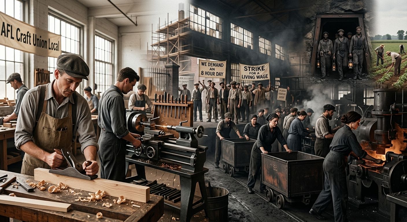 An illustration depicting a contrast between AFL craft union workers in skilled trades and excluded workers in factories, mines, and fields during the Gilded Age, showing the division in the early Ame