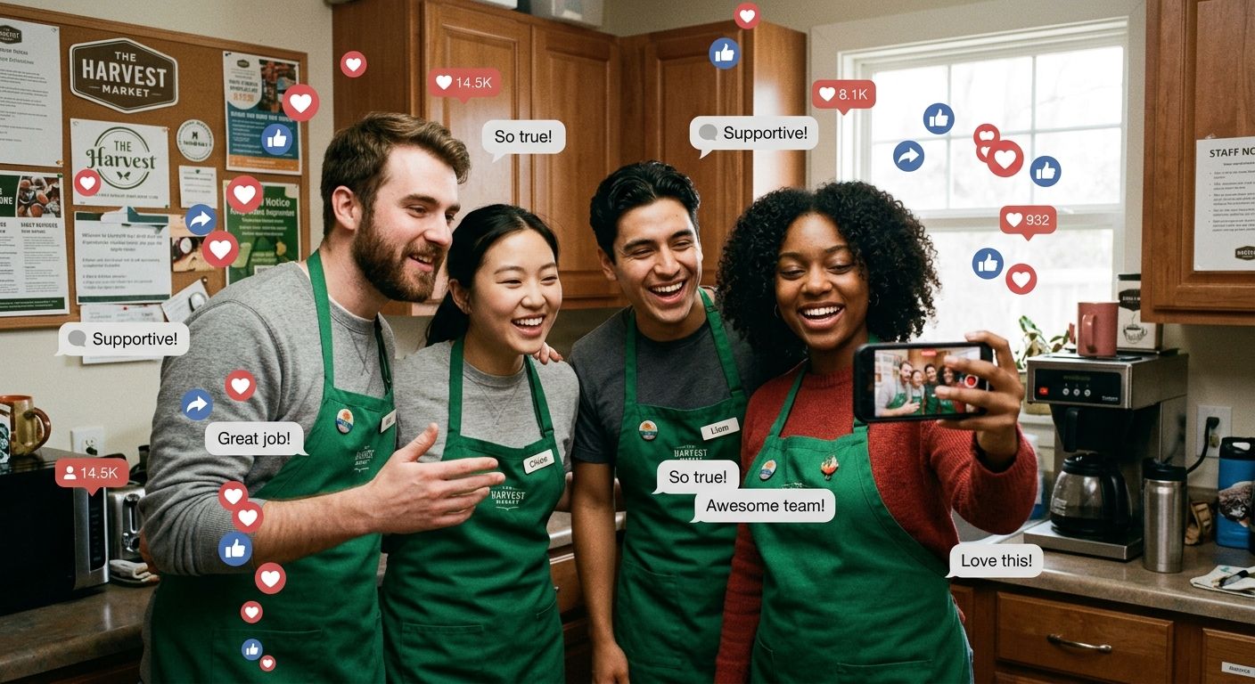 A diverse group of young retail workers in green aprons recording a short selfie-style video testimonial on a smartphone in a break room, with floating social media reaction icons around them represen