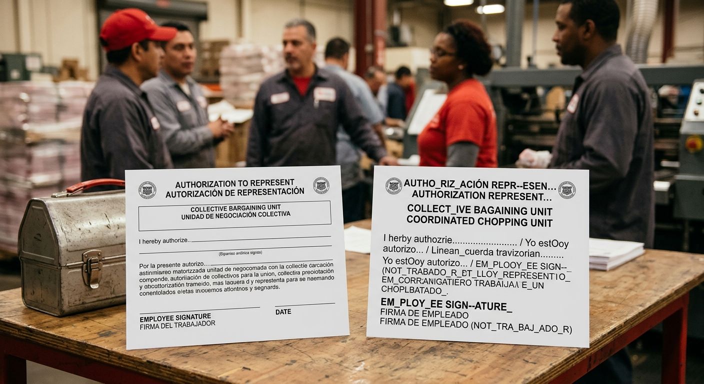 A side-by-side comparison showing a professionally translated union authorization card in English and Spanish, with clean formatting and proper legal terminology, contrasted with a machine-translated