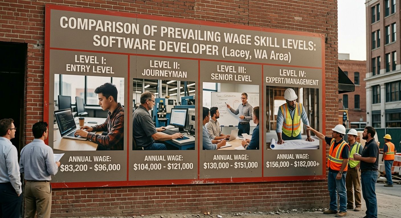 comparison chart showing the four prevailing wage skill levels (I through IV) with example salary ranges for a common occupation like software developer, illustrating how level classification affects