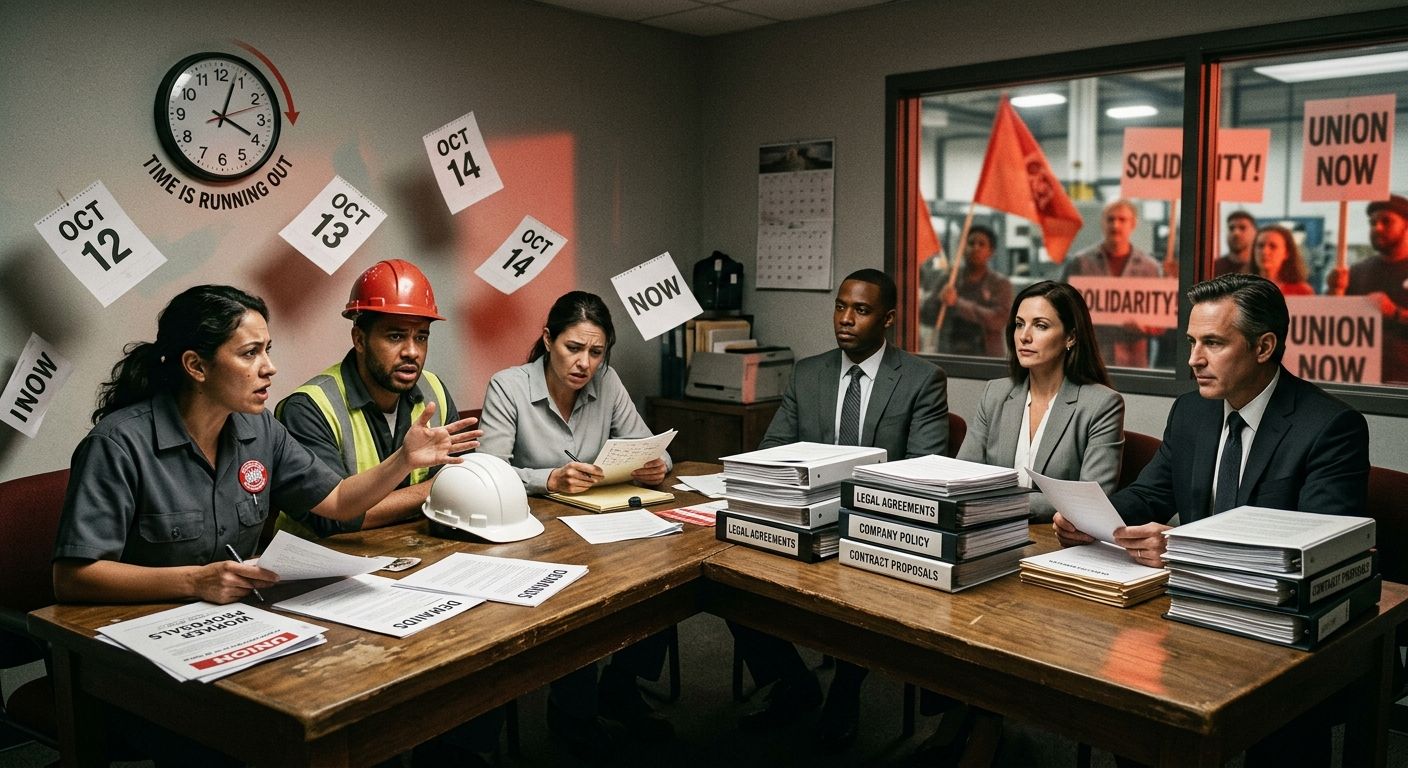 An illustration showing two sides of a negotiation table - one side representing workers with a ticking clock and calendar pages flying away, the other side representing corporate management calmly se