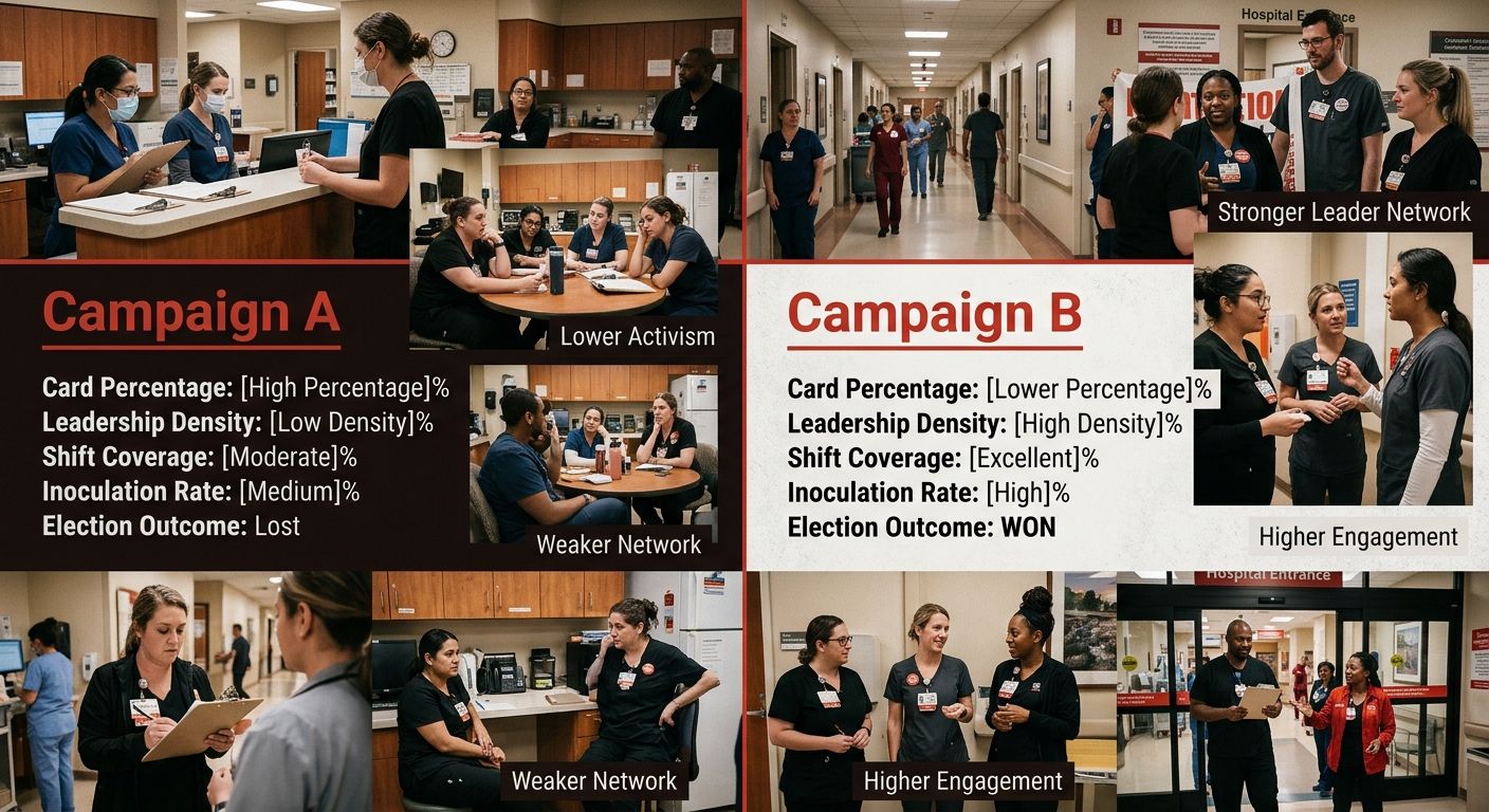 A comparison table visualization showing two hospital organizing campaigns side by side, with metrics including card percentage, leadership density, shift coverage, inoculation rate, and election outc