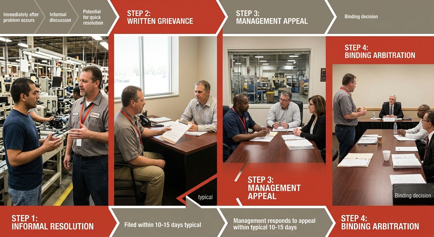 A visual flowchart showing the four steps of a standard CBA grievance procedure, from informal resolution at Step 1 through written grievance at Step 2, management appeal at Step 3, and binding arbitr
