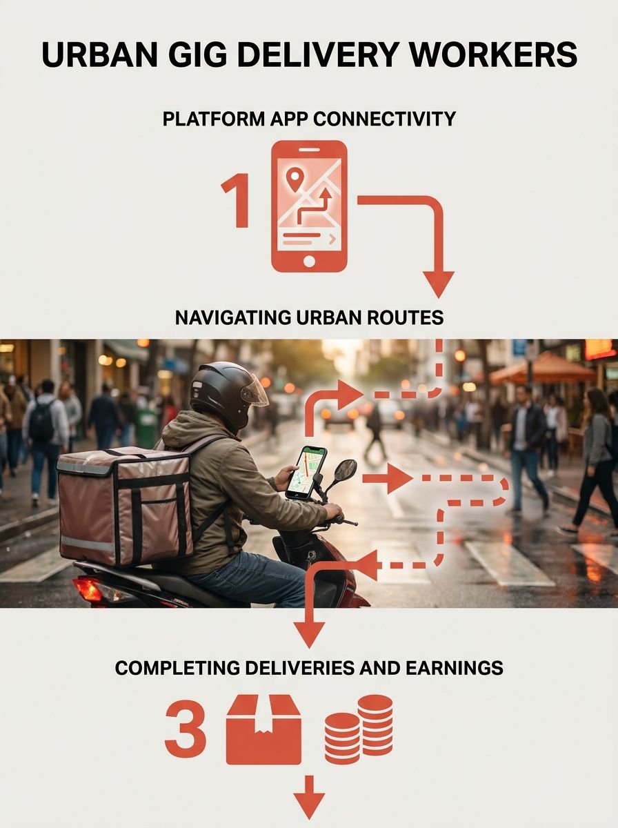 Gig delivery workers on motorcycles navigating city streets with platform app smartphones mounted on handlebars