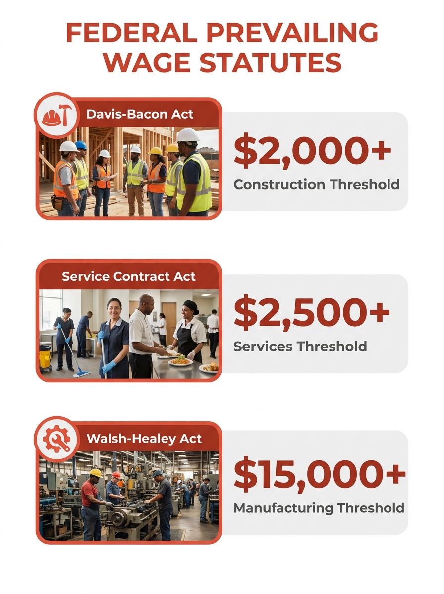 An infographic showing the three main federal prevailing wage statutes — Davis-Bacon Act covering construction above $2,000, Service Contract Act covering services above $2,500, and Walsh-Healey Act c