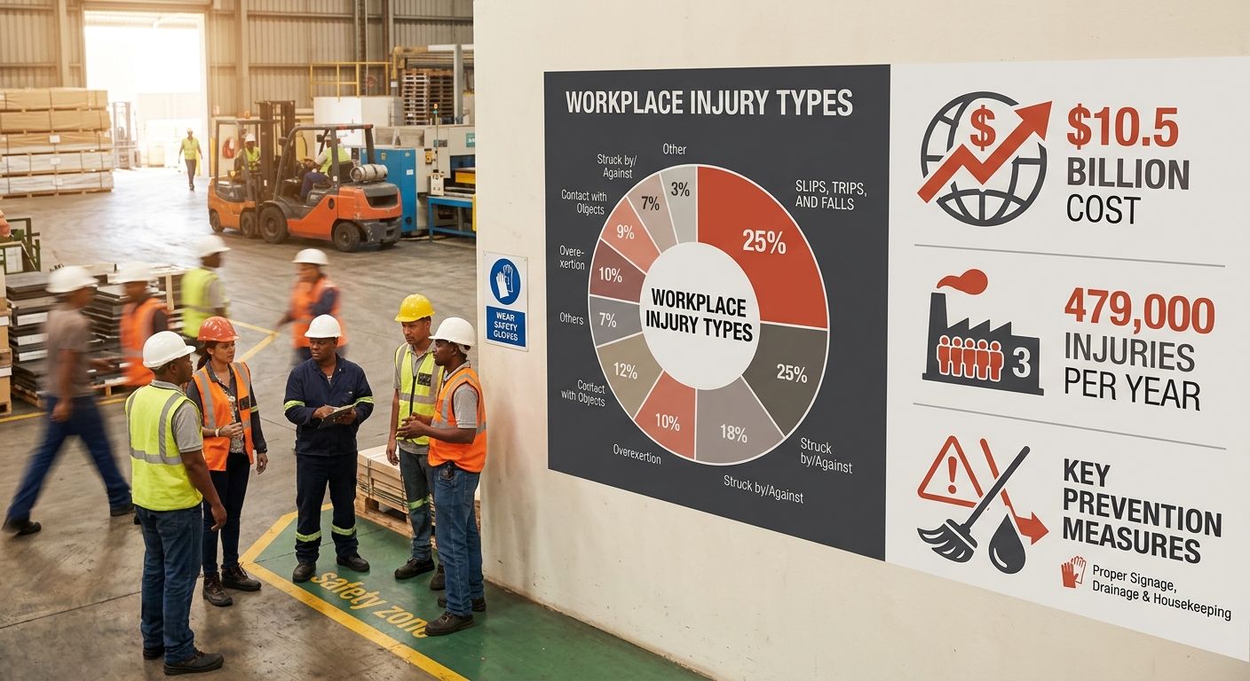 An infographic showing a pie chart of workplace injury types with slips, trips, and falls highlighted at 25%, alongside icons representing the $10.5 billion annual cost, 479,000 injuries per year, and