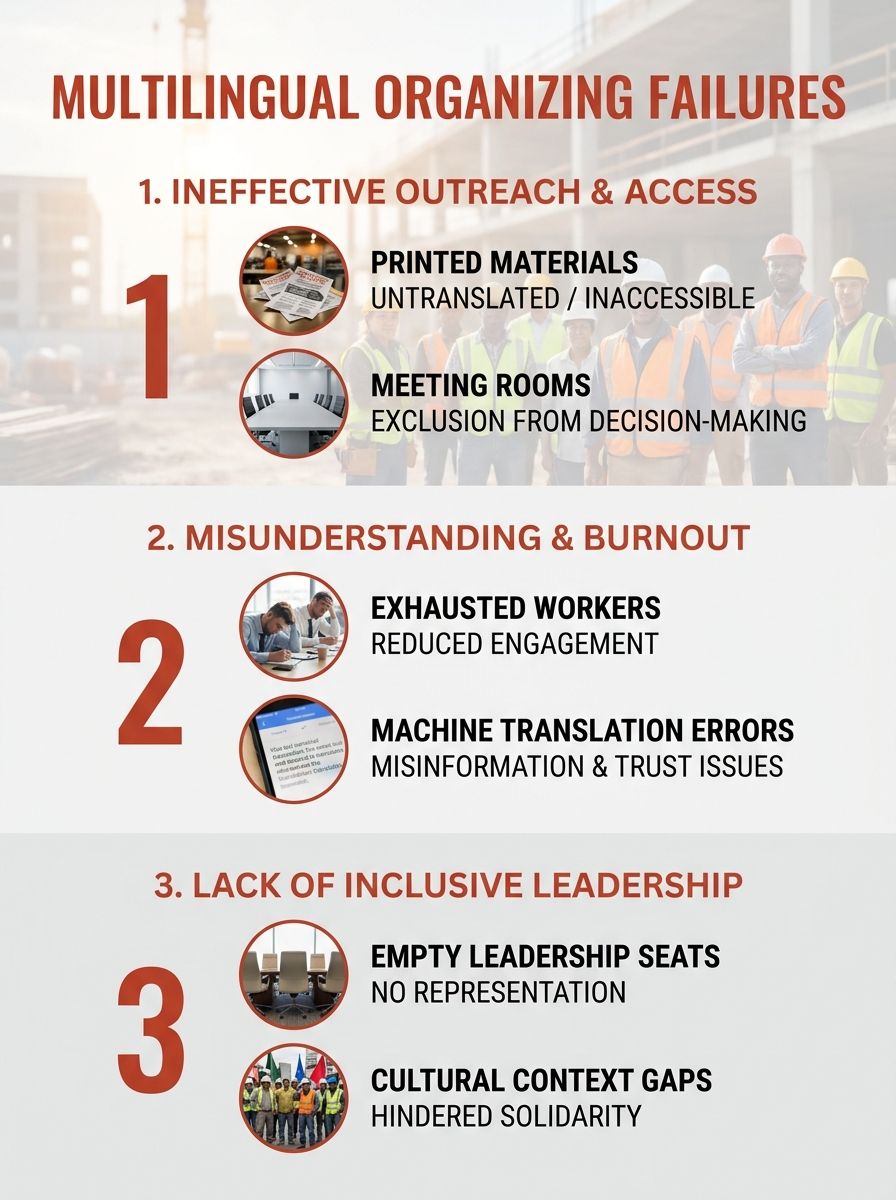 An infographic showing the six communication failures in multilingual union organizing, arranged as a numbered list with icons representing printed materials, meeting rooms, exhausted workers, machine