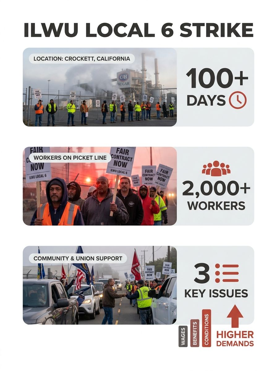 ILWU Local 6 warehouse workers maintain picket line outside C&H Sugar facility in Crockett, California, holding strike signs with early morning fog in background