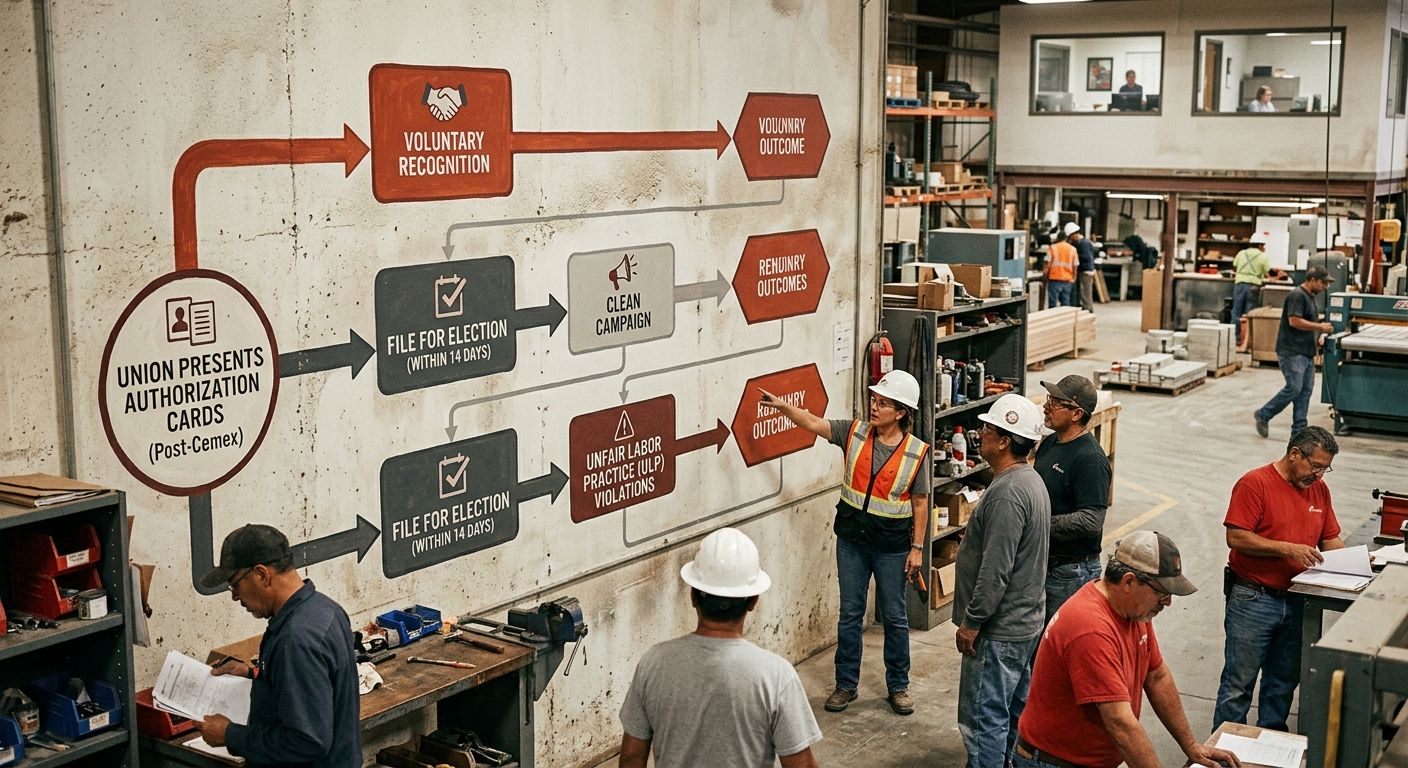 A flowchart diagram showing the post-Cemex decision tree for employers when a union presents authorization cards, with three branching paths showing voluntary recognition, filing for election within 1