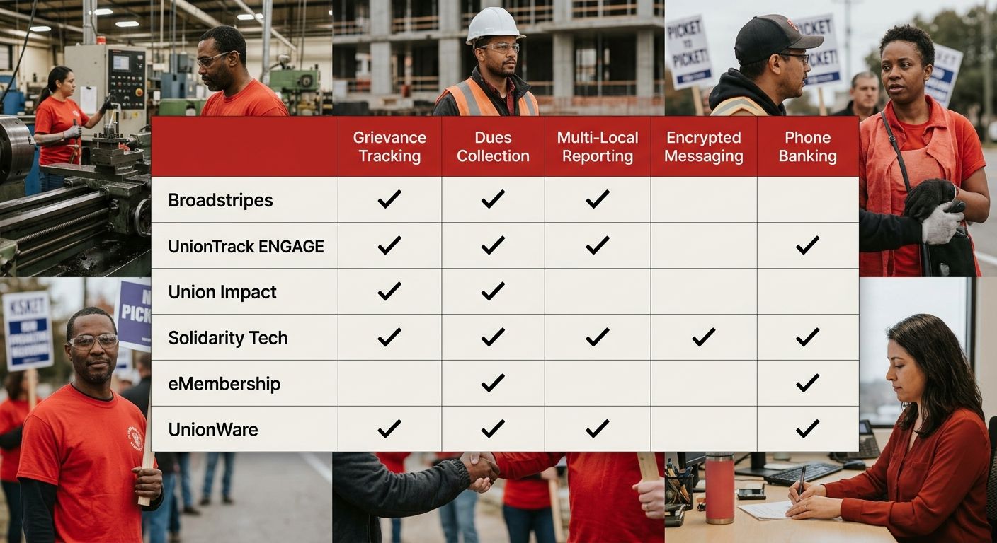 An infographic comparing 6 major union organizing software platforms, Broadstripes, UnionTrack ENGAGE, Union Impact, Solidarity Tech, eMembership, and UnionWare, across key features including grievanc