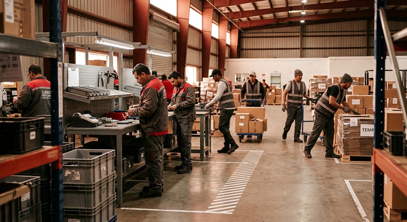 A photograph-style illustration of workers in a warehouse or factory setting, some at fixed workstations and others moving between temporary task areas, representing the divide between permanent and s