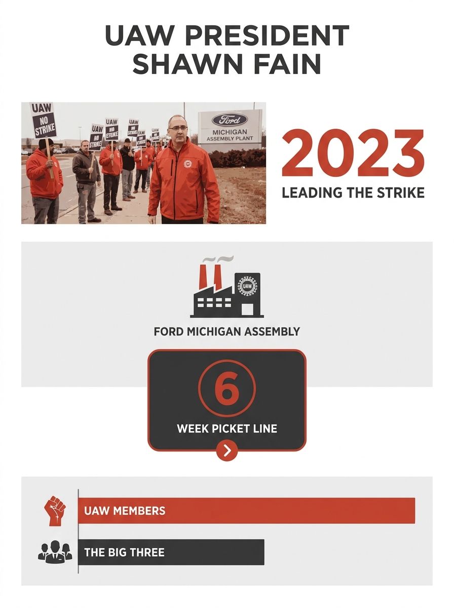 UAW President Shawn Fain at 2023 picket line outside Ford Michigan Assembly Plant