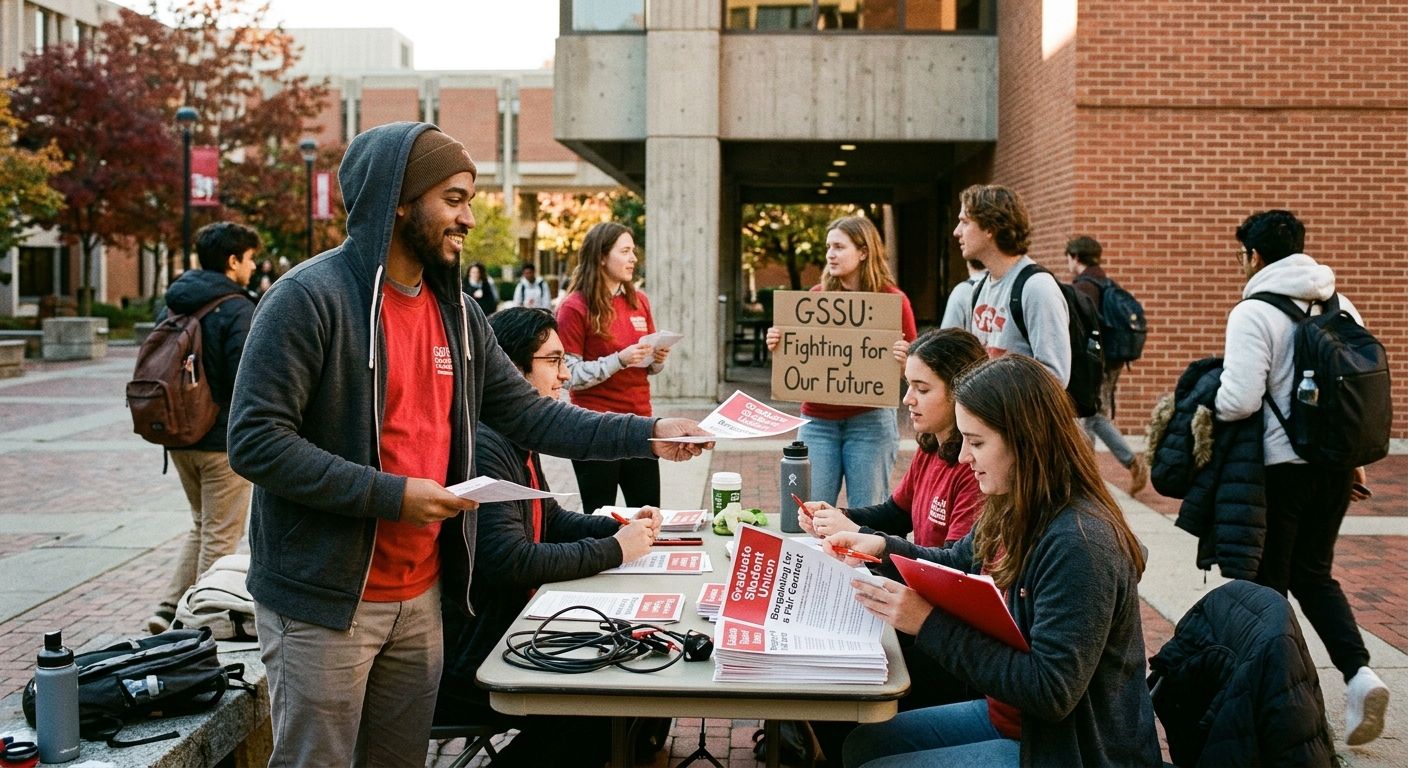 Graduate student workers at a university campus organizing and distributing union materials outside a campus building, with bargaining-related flyers visible