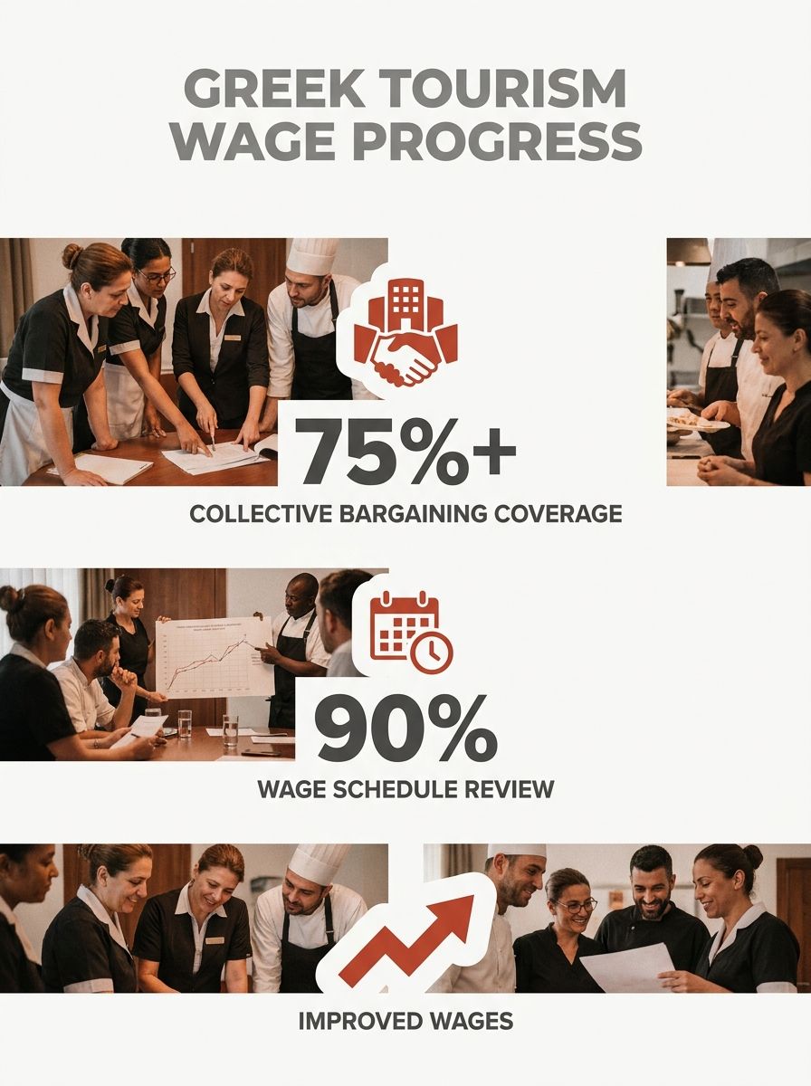 Workers in a Greek tourism facility reviewing new wage schedules under expanded collective bargaining coverage