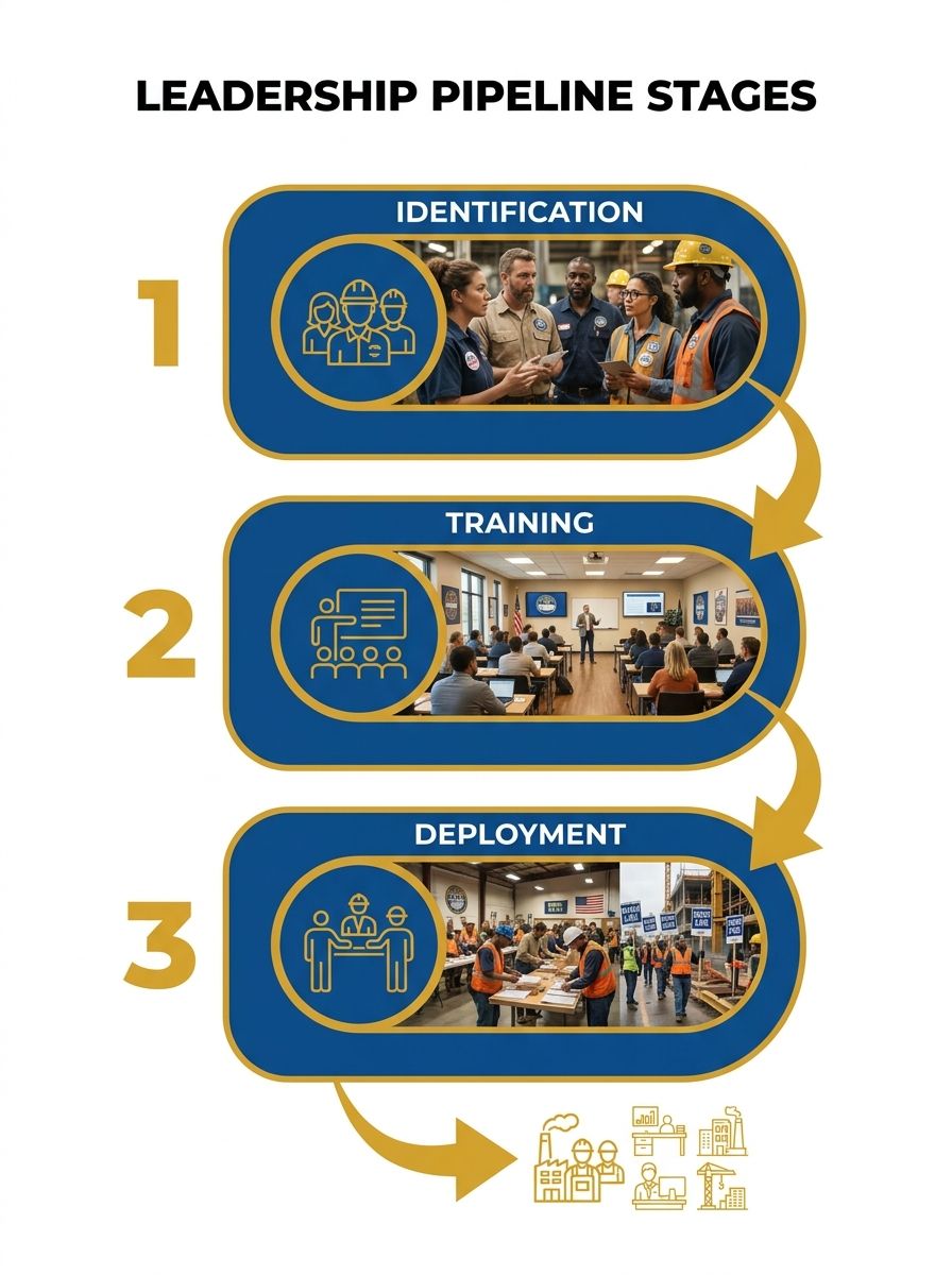 Infographic showing a three-stage pipeline diagram labeled Identification, Training, and Deployment, with arrows connecting each stage and icons representing organic leaders, classrooms, and union hal