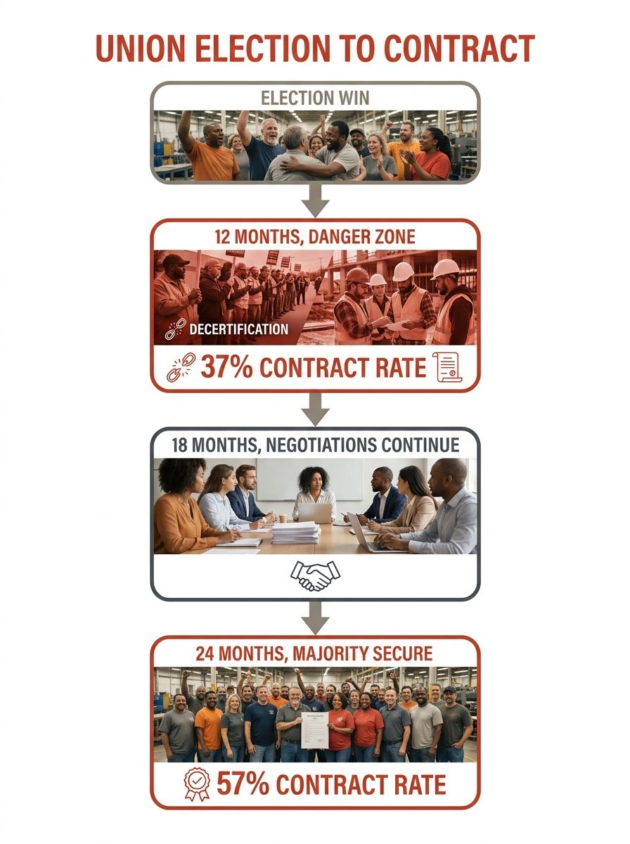 infographic showing the timeline from union election win to first contract ratification, with key milestones at 12 months (37% contract rate), 18 months, and 24 months (57% contract rate), with a high