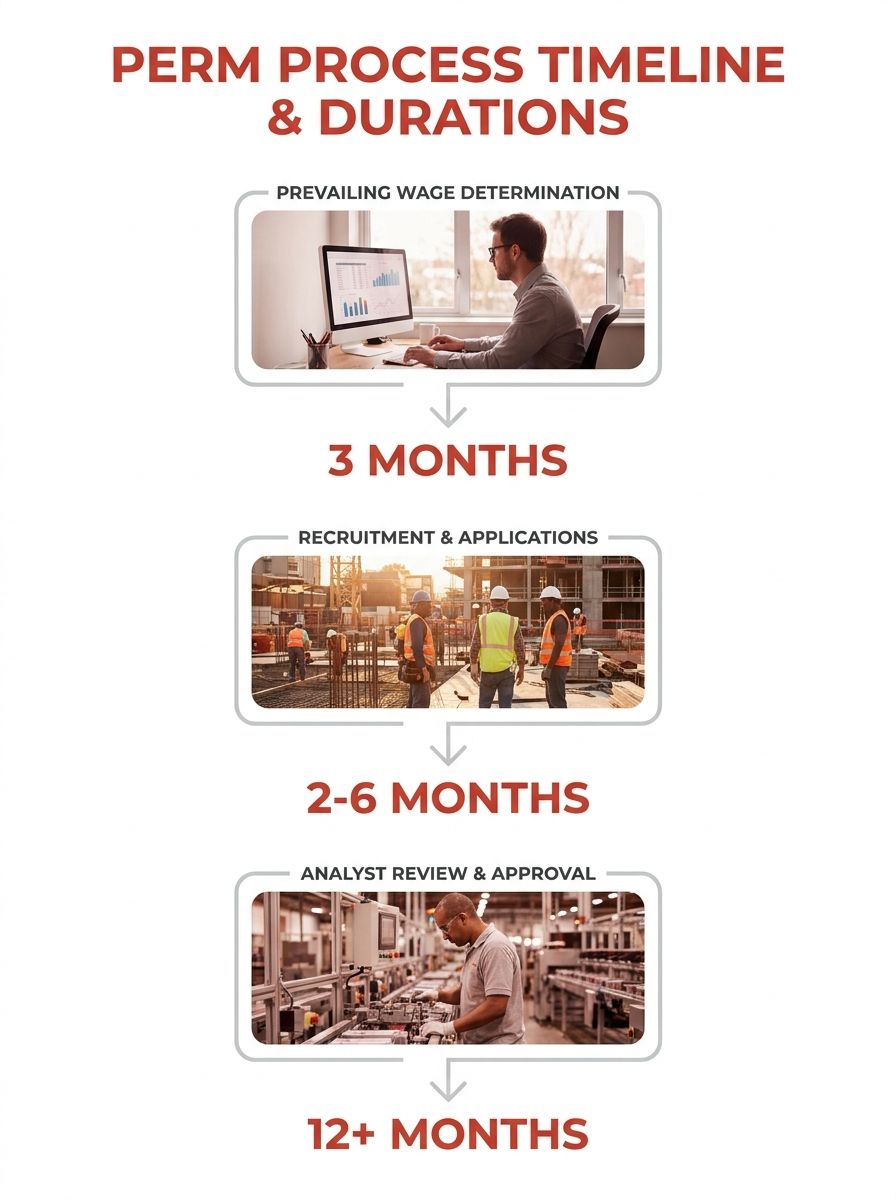 timeline infographic showing the PERM process steps from prevailing wage determination through green card approval, with average processing durations labeled for each step — PWD at 3 months, recruitme