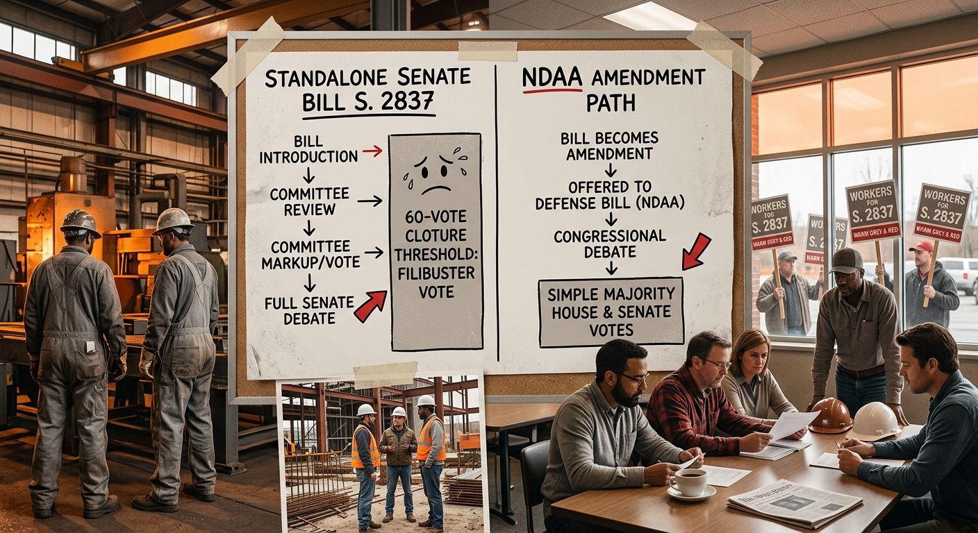 A split diagram showing two legislative paths side by side—the standalone Senate bill S. 2837 requiring 60 votes, and the NDAA amendment path requiring a simple majority—with arrows indicating where e