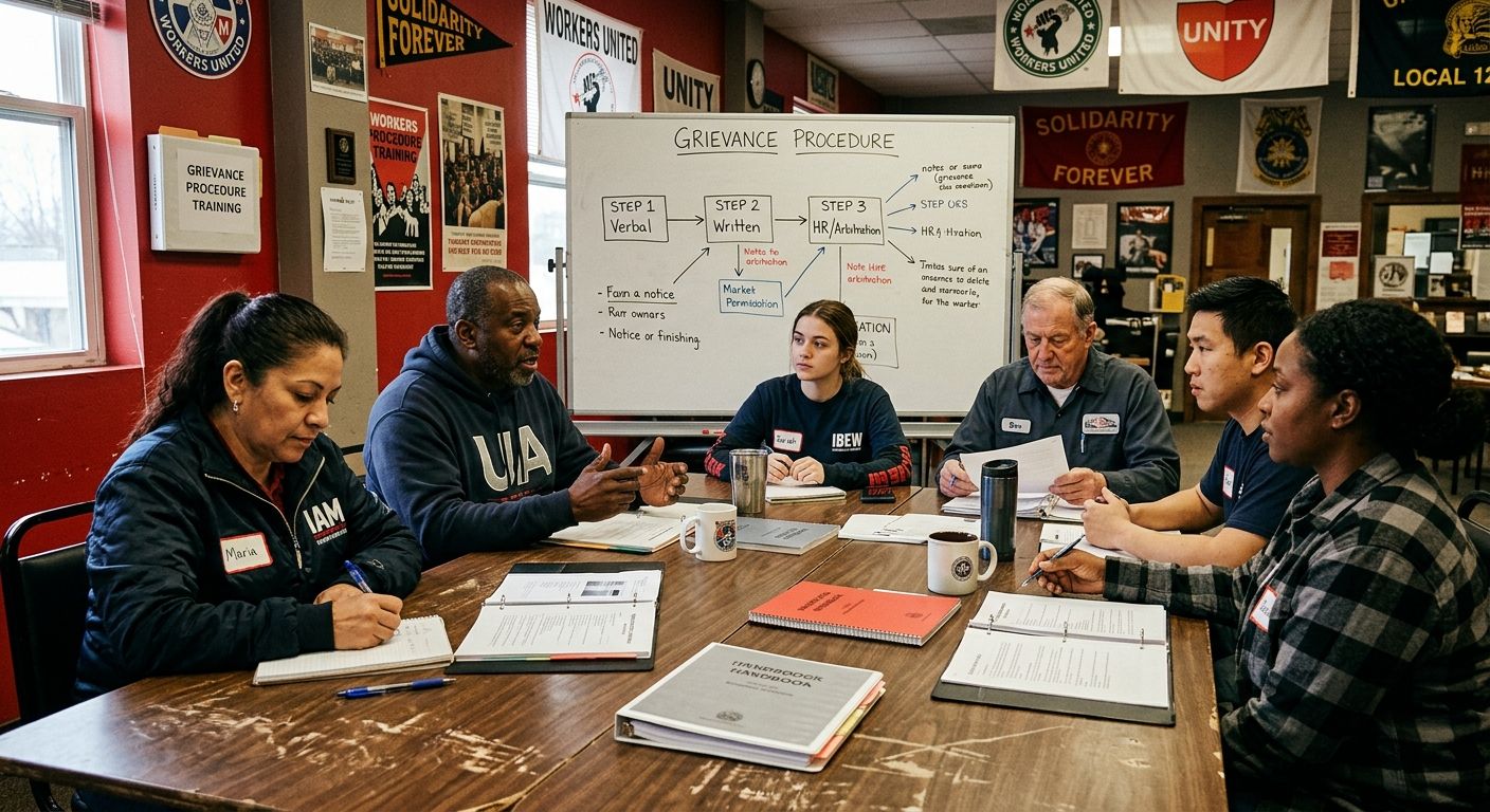 Photograph-style illustration of a diverse group of workers sitting around a table in a union hall, with training materials, printed handouts, and a whiteboard showing grievance procedure flowcharts