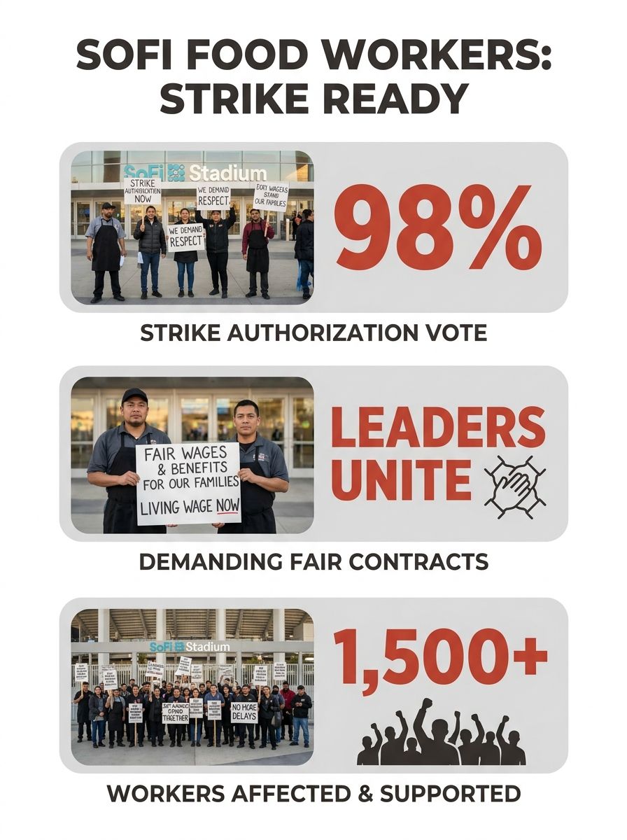SoFi Stadium food service workers holding strike authorization signs outside the venue entrance