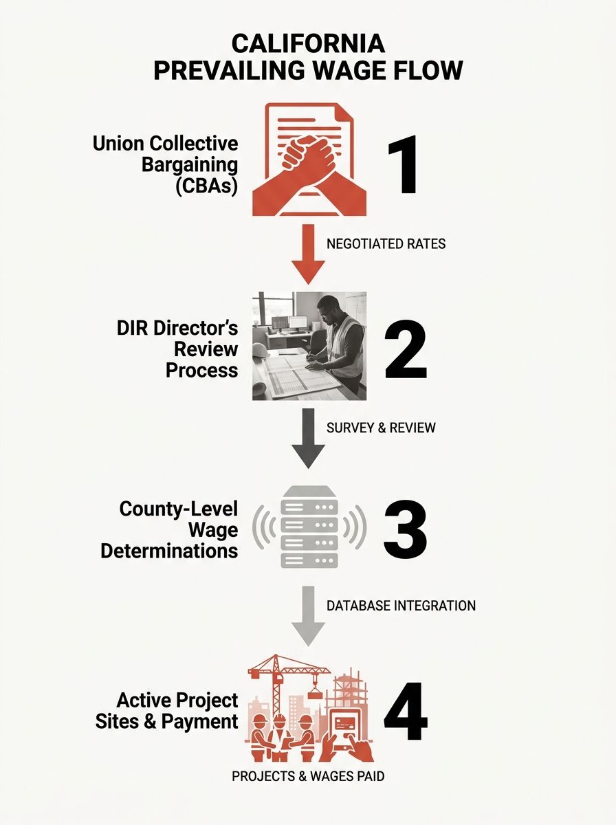 An infographic showing how California prevailing wage rates flow from collective bargaining agreements through the DIR director's review process to individual county-level and trade-specific wage dete