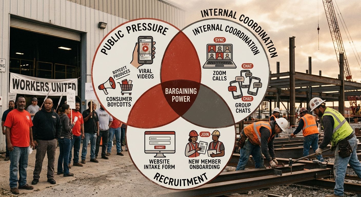 A diagram showing the SBWU three-function digital organizing model as three overlapping circles labeled Public Pressure with icons of viral videos and consumer boycotts, Internal Coordination with ico