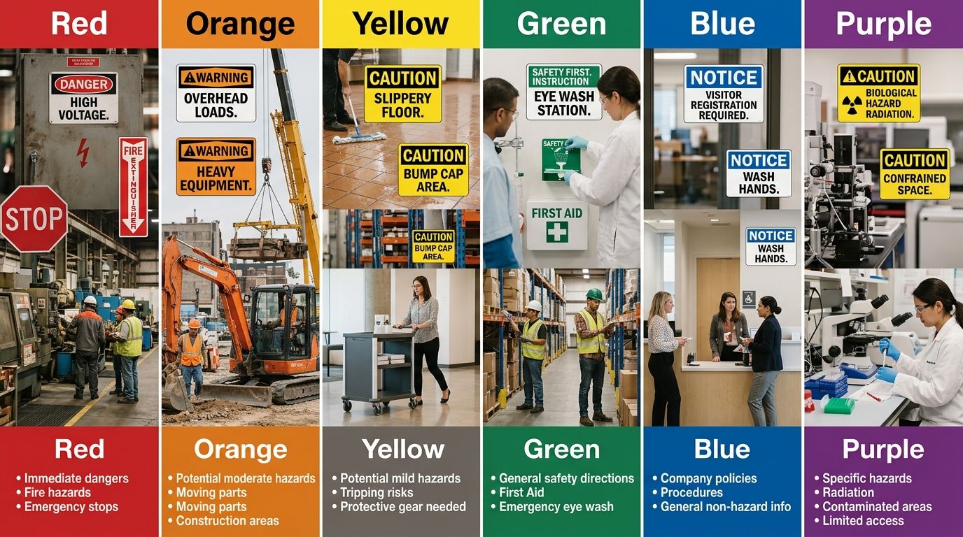An infographic showing the OSHA safety sign color code system with six colored panels — red, orange, yellow, green, blue, and purple — each with example sign designs, their signal words, and common wo