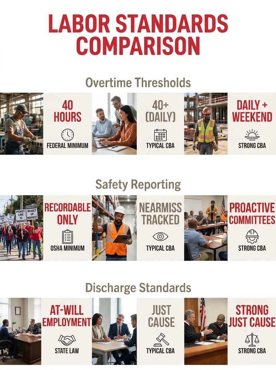 An infographic showing three columns comparing legal minimums from the NLRA, OSHA, and state law versus typical CBA provisions versus strong CBA provisions, with specific examples like overtime thresh