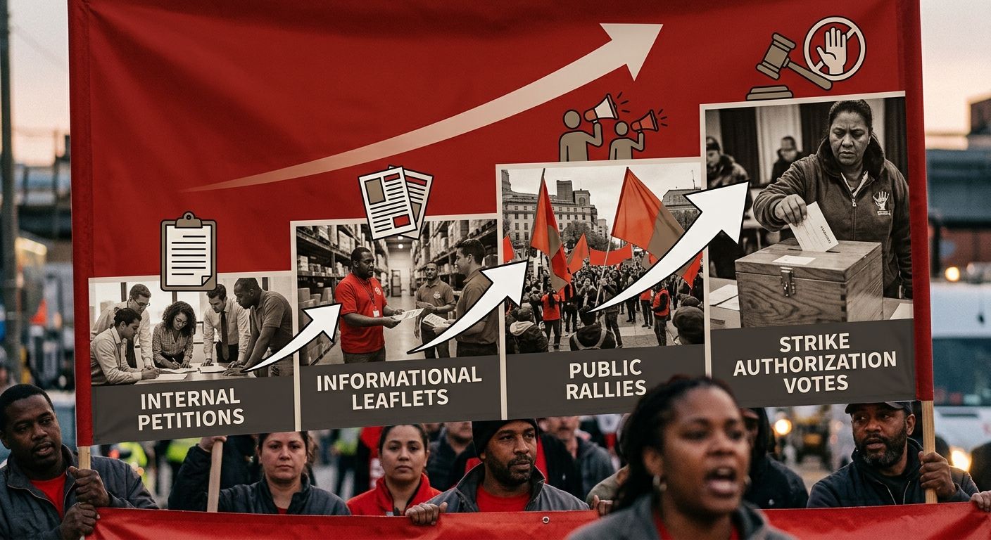 an escalation ladder diagram showing union contract campaign tactics arranged from low-intensity (internal petitions, informational leaflets) to high-intensity (public rallies, strike authorization vo