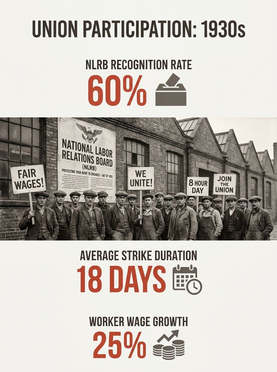 a 1930s-era black-and-white photograph-style illustration showing factory workers holding union signs outside a large industrial building, with an NLRB poster visible on the wall