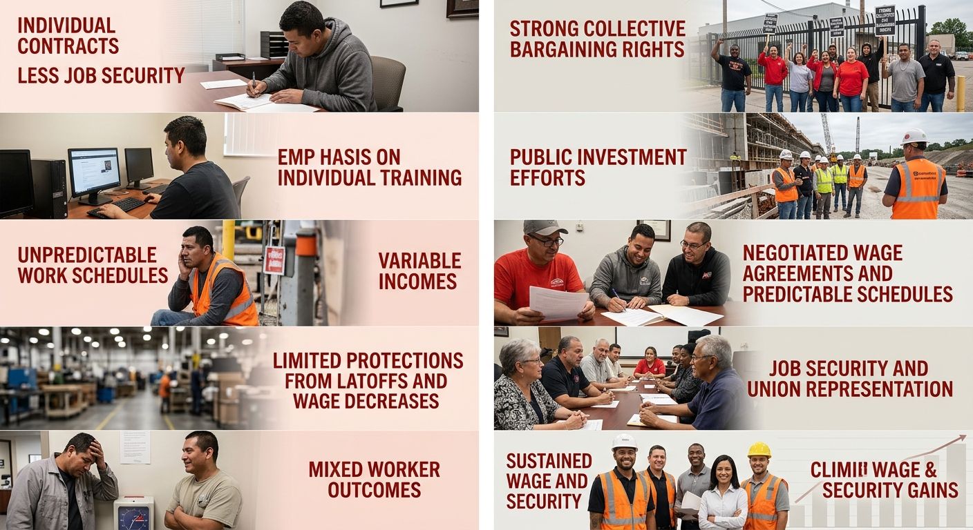 A side-by-side comparison diagram showing two paths of labor market policy: one focused on employer flexibility and individual training programs leading to mixed worker outcomes, and another combining