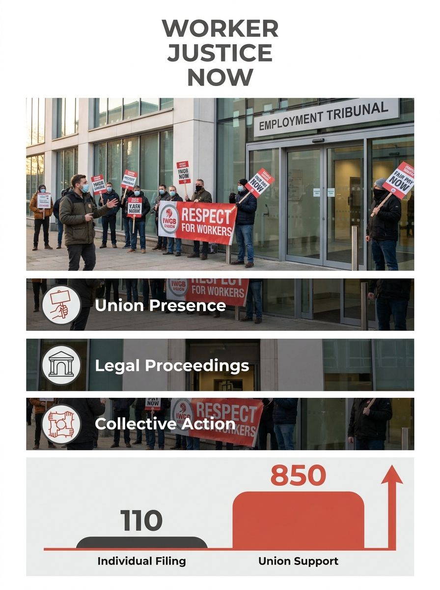 Employment tribunal entrance with workers holding IWGB union signs outside a modern office building