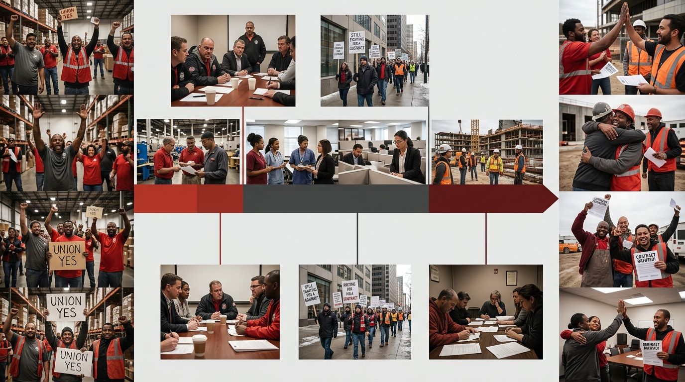 A timeline visualization showing the average duration from union election win to first contract ratification across different industries, with markers showing where employer delay tactics typically oc