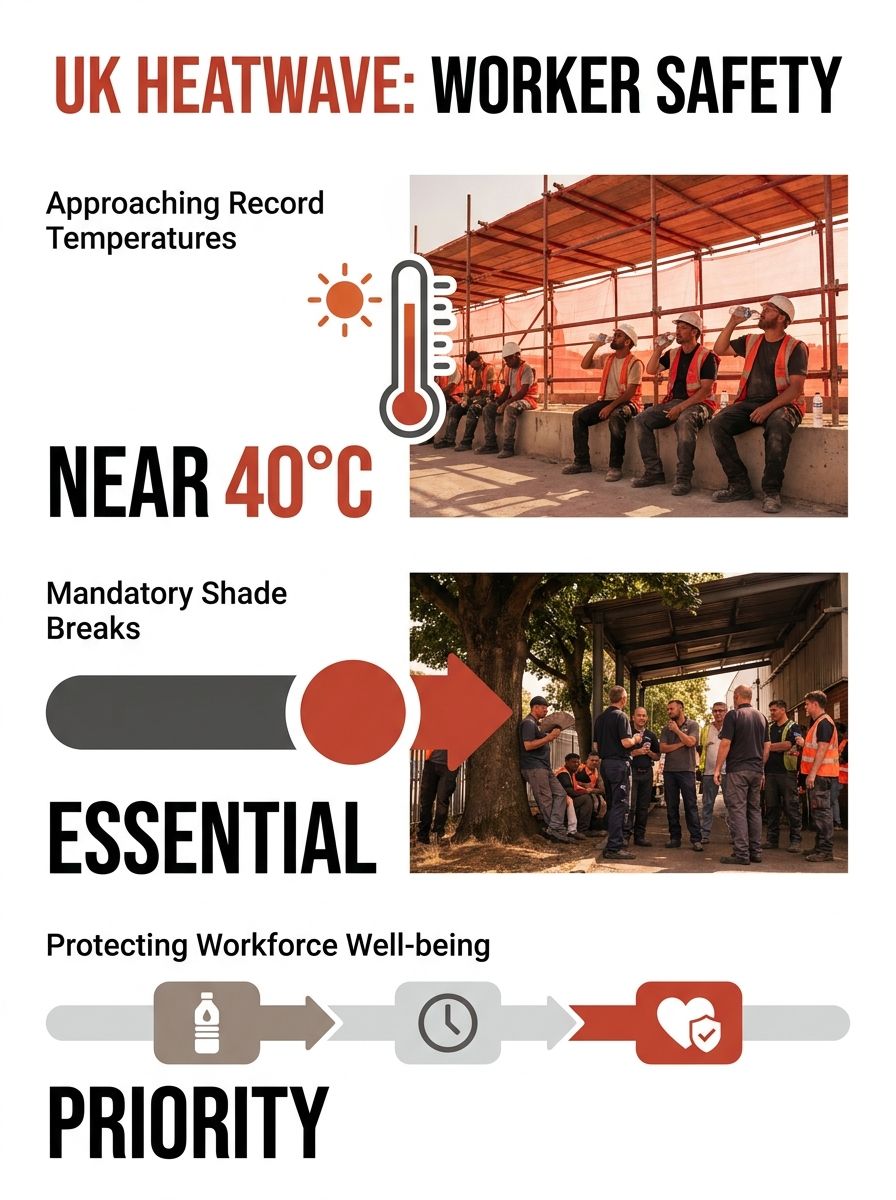 Construction workers taking a break in shade during extreme heat conditions as UK temperatures approach record levels