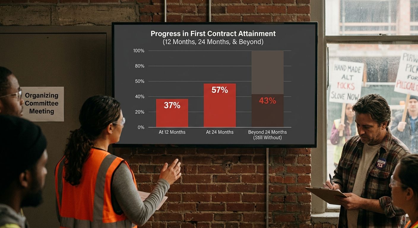 A bar chart comparing first contract attainment rates at 12 months (37%), 24 months (57%), and beyond 24 months (43% still without contracts), with visual emphasis on the declining organizing momentum