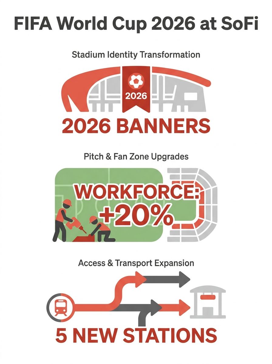 SoFi Stadium exterior with FIFA World Cup 2026 branding and construction preparations