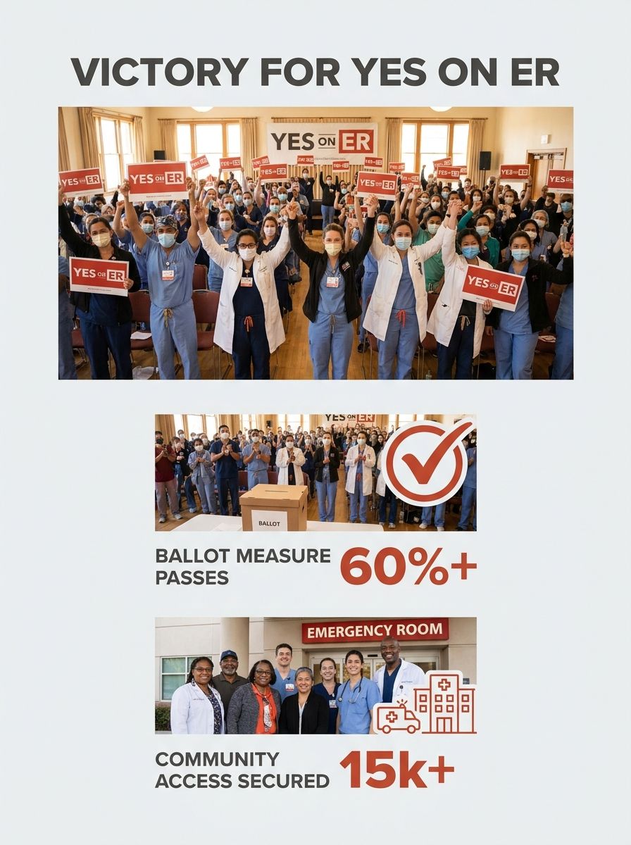 Healthcare workers celebrating ballot measure victory at union hall with "Yes on ER" signs visible