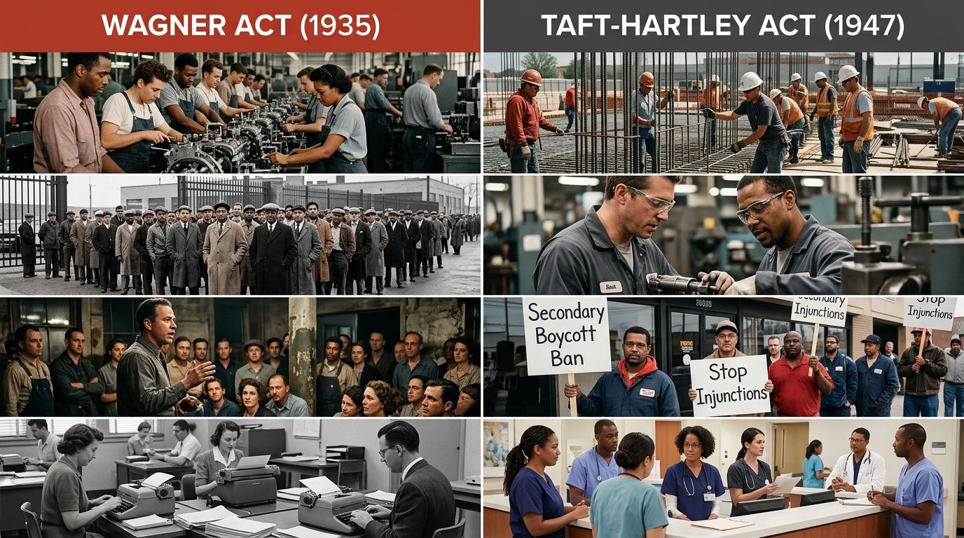 an infographic comparing key provisions of the 1935 Wagner Act versus the 1947 Taft-Hartley Act, showing side-by-side columns with items like company union bans, right-to-work authorization, secondary