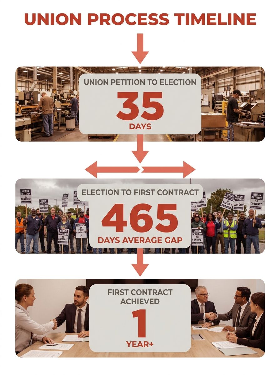 A timeline infographic showing the union organizing process from initial petition filing through election to first contract, with key milestones and average day counts at each stage, highlighting the