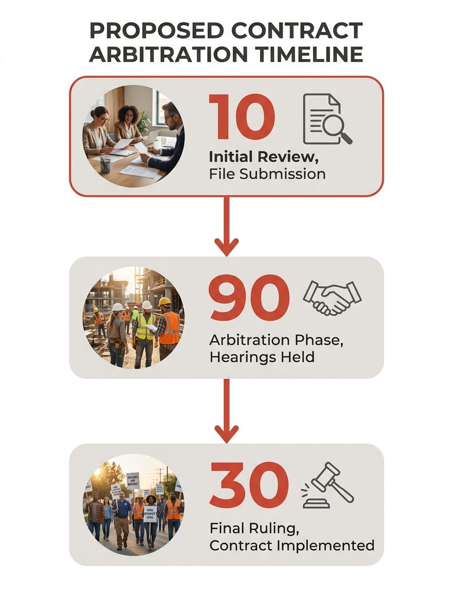A timeline graphic showing the three stages of the proposed contract arbitration process, with 10-day, 90-day, and 30-day periods marked