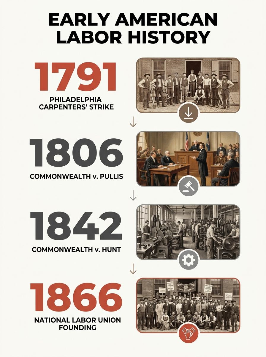 A timeline infographic showing key dates in early American labor history from 1791 to 1872, including the Philadelphia carpenters' strike, Commonwealth v. Pullis, Commonwealth v. Hunt, and the foundin