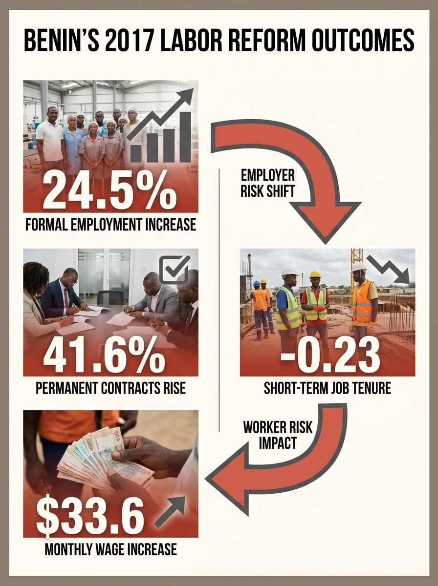 Infographic showing Benin's 2017 labor reform outcomes side by side — 24.5% increase in formal employment, 41.6% rise in permanent contracts, 33.6 dollar monthly wage increase on the left, versus 0.23