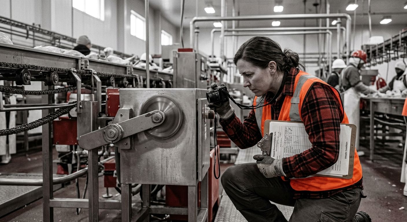 A union safety committee member photographing an unguarded rotary blade on a poultry processing line while holding a clipboard with a hazard documentation form, industrial setting with stainless steel