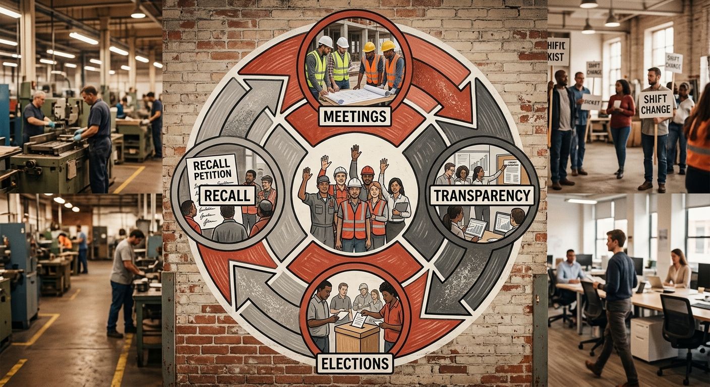 Illustration showing a circular feedback loop with four nodes labeled Meetings, Transparency, Elections, and Recall, with arrows connecting each node in a cycle around a central icon of workers raisin