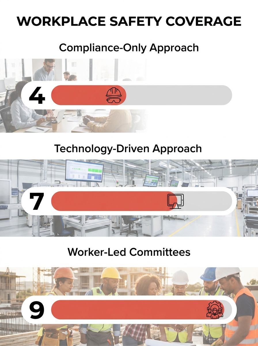 An infographic comparing three workplace safety approaches side by side, showing compliance-only covering 4 of 10 safety categories, technology-driven covering 7 of 10, and worker-led committees cover