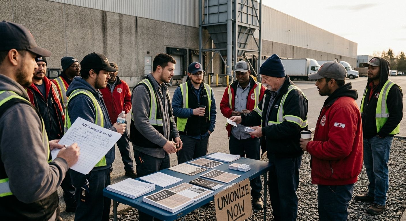 Workers gathered outside a large warehouse facility with union authorization cards and printed TOT tracking data sheets, discussing organizing strategy near a folding table with flyers